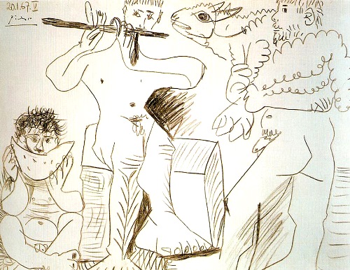 Пабло Пикассо. Мужчина с ягнёнком, человек, поедающий арбуз и флейтист. 